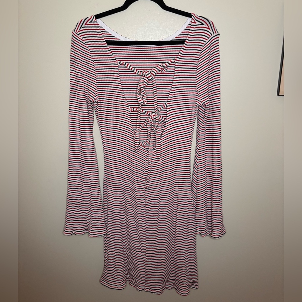 Striped Bell-Sleeve Knit Dress in Red and White - Picture 4 of 5